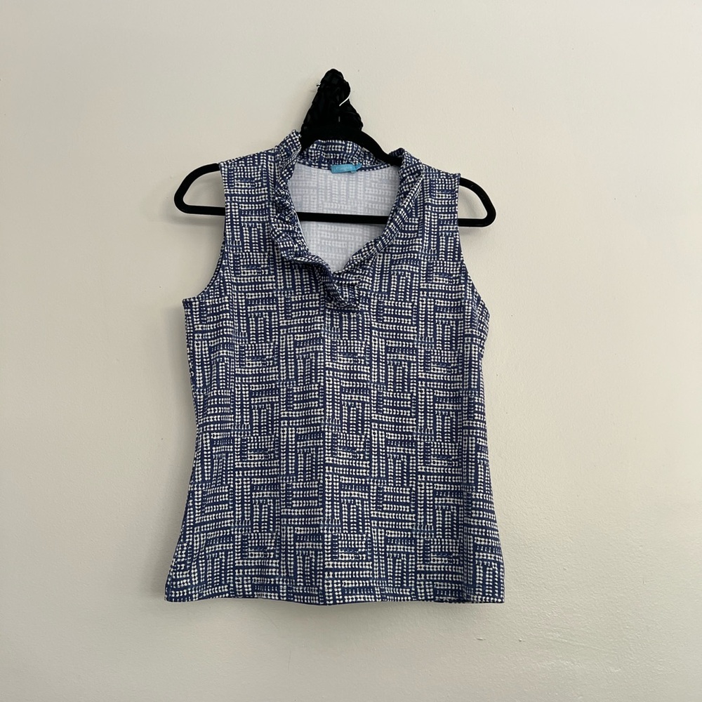J. McLaughlin Navy and White Patterned Sleeveless Polo Tank